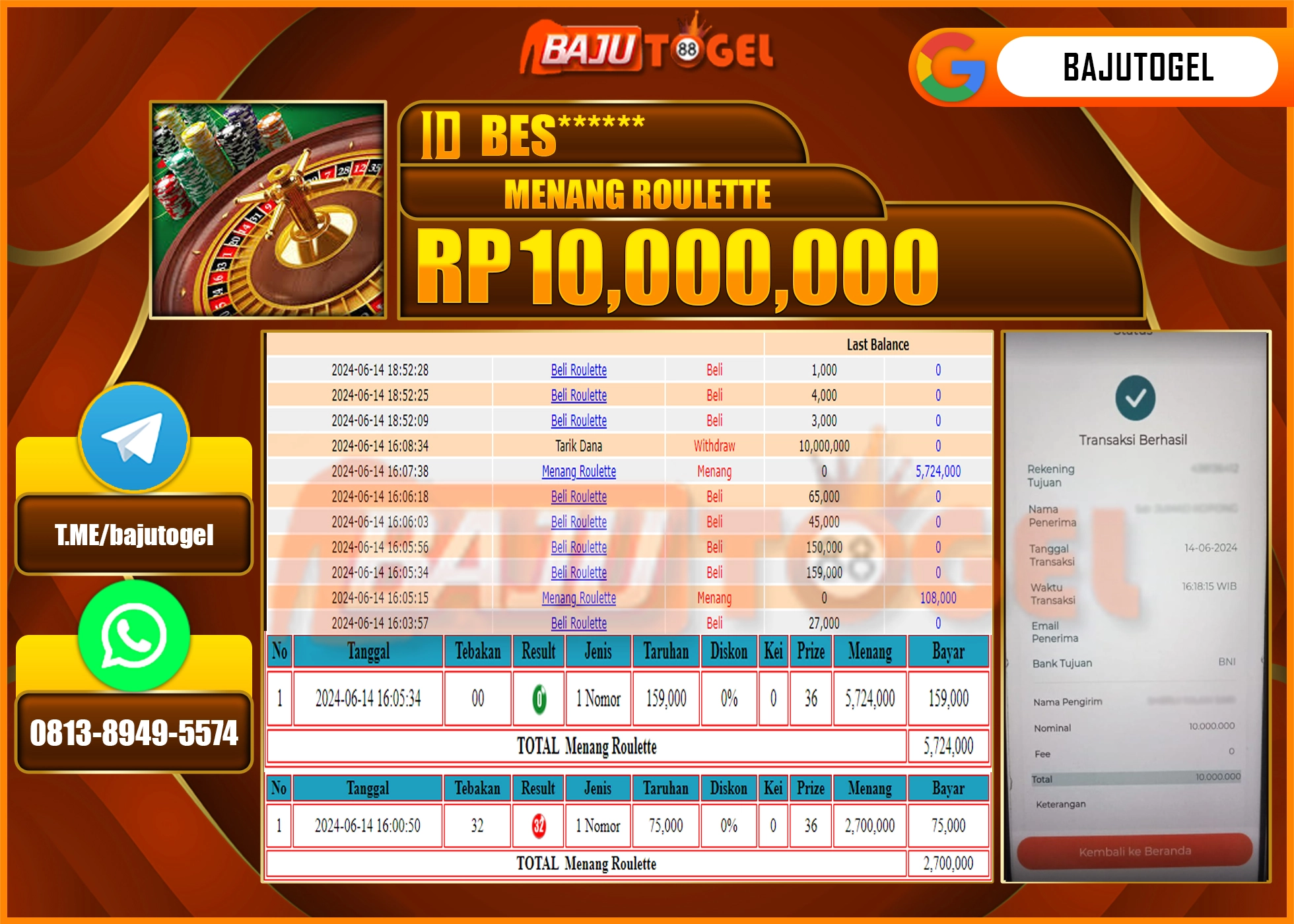 BAJUTOGEL JACKPOT LIVE CASINO ROULETTE Rp.10.000.000 LUNAS