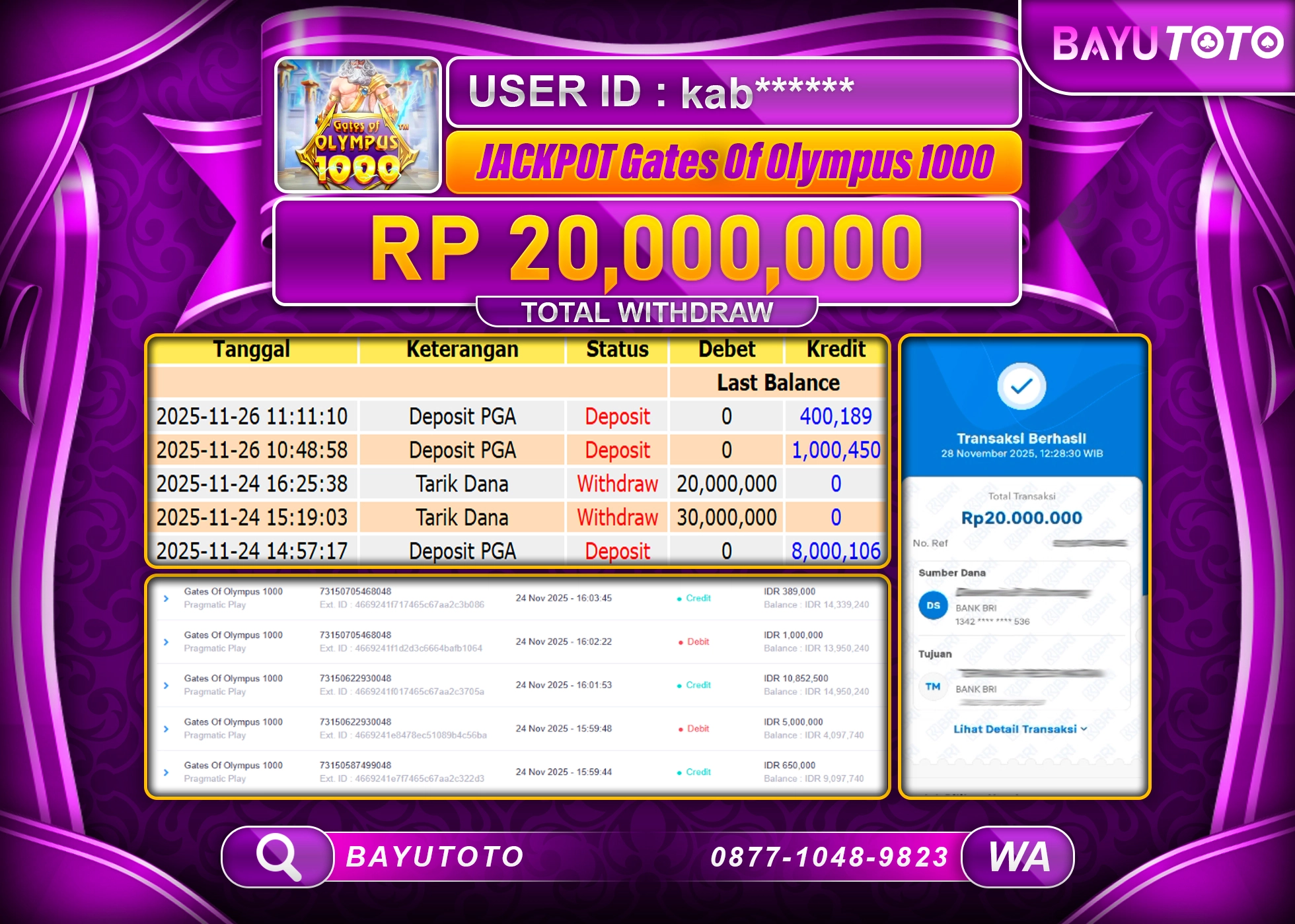 MEMBER BAYUTOTO JACKPOT DI SLOT GATE OF OLYMPUS 1000 Pragmatic Play Rp. 20,000,000 LUNAS