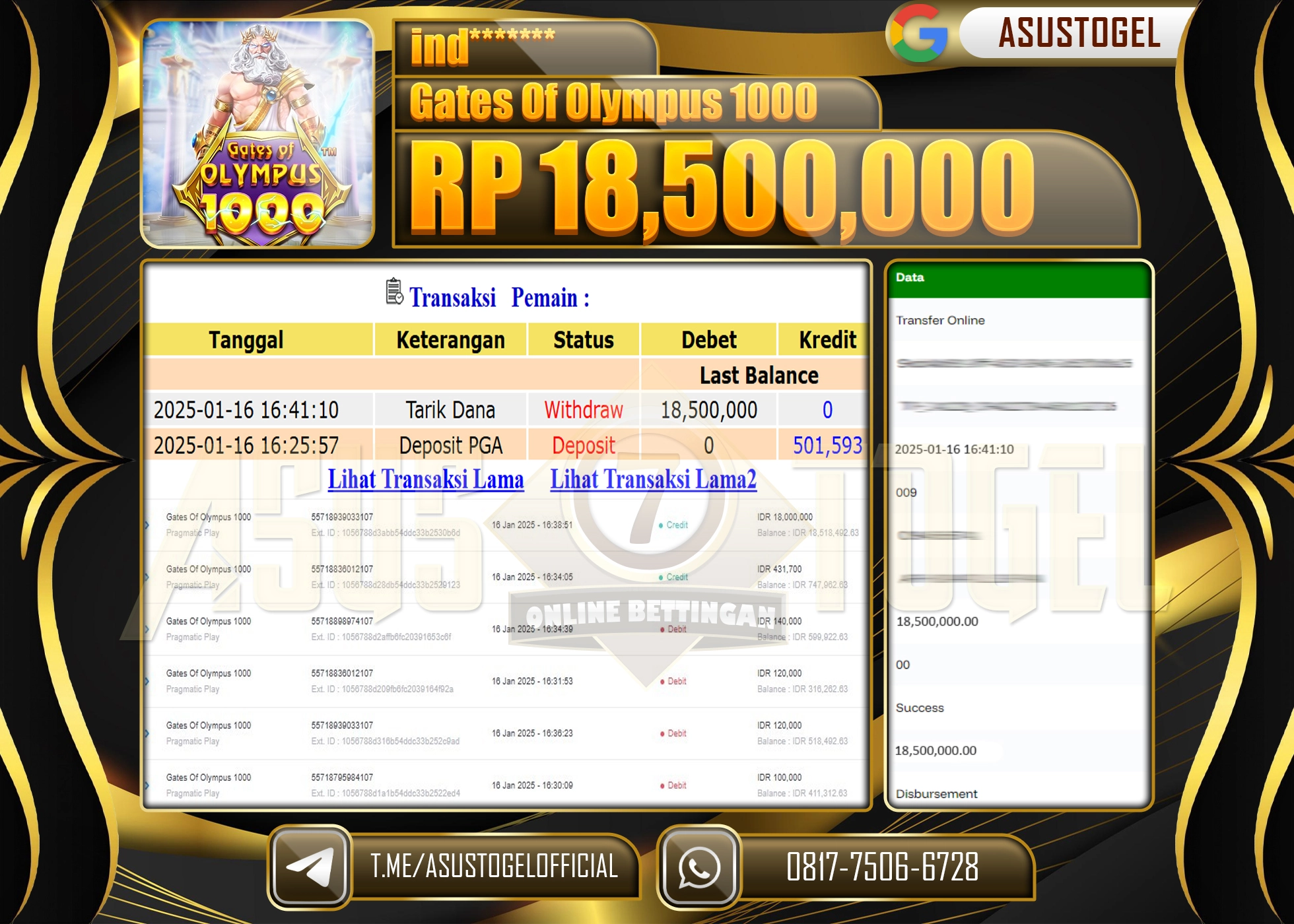 ASUSTOGEL KEMENANGAN DI GATES OF OLYMPUS 1000 SEBESAR 18.500.000 - RUPIAH LUNAS