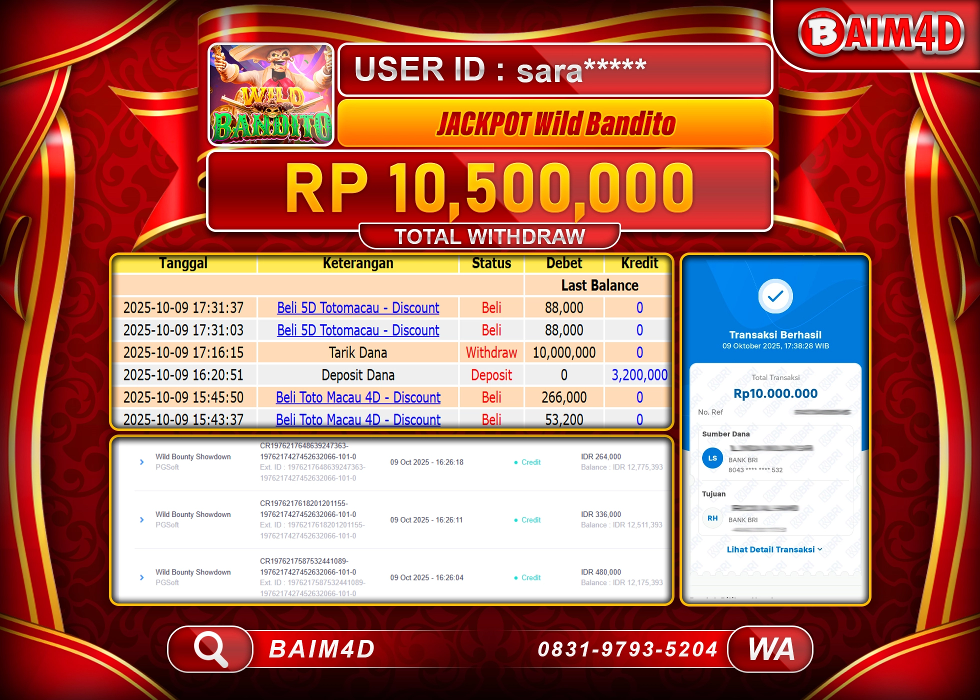 BAIM4D JACKPOT SLOT WILD BANDITO PG SOFT Rp.10,500,000.- LUNAS
