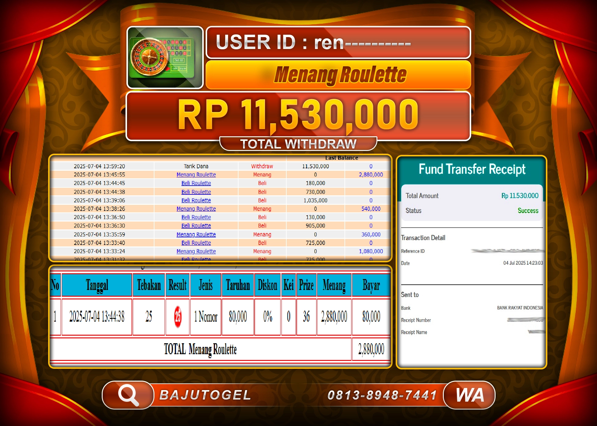 BAJUTOGEL KEMENANGAN LIVE GAMES ROULETTE Rp.11.530.000 LUNAS