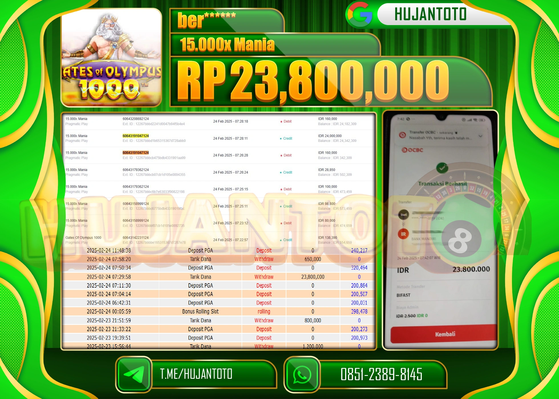 HUJANTOTO - BUKTI JACKPOT MENANG SLOT GATES OF OLYMPUS 15000x MANIA  Rp,23,800,000 - TERBAYAR LUNAS