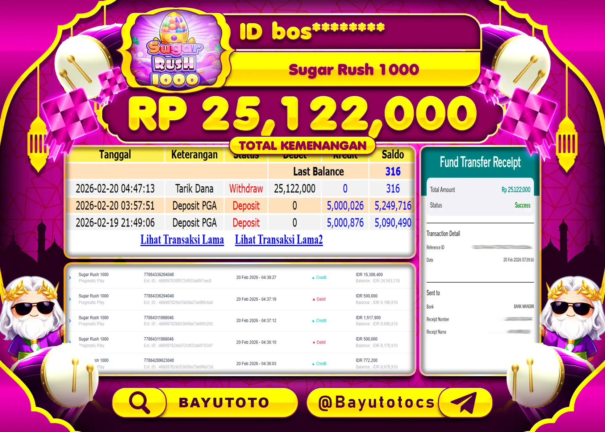 SELAMAT MEMBER SETIA BAYUTOTO JACKPOT DI SLOT SUGAR RUSH 1000 Rp. 25,122,000 LUNAS