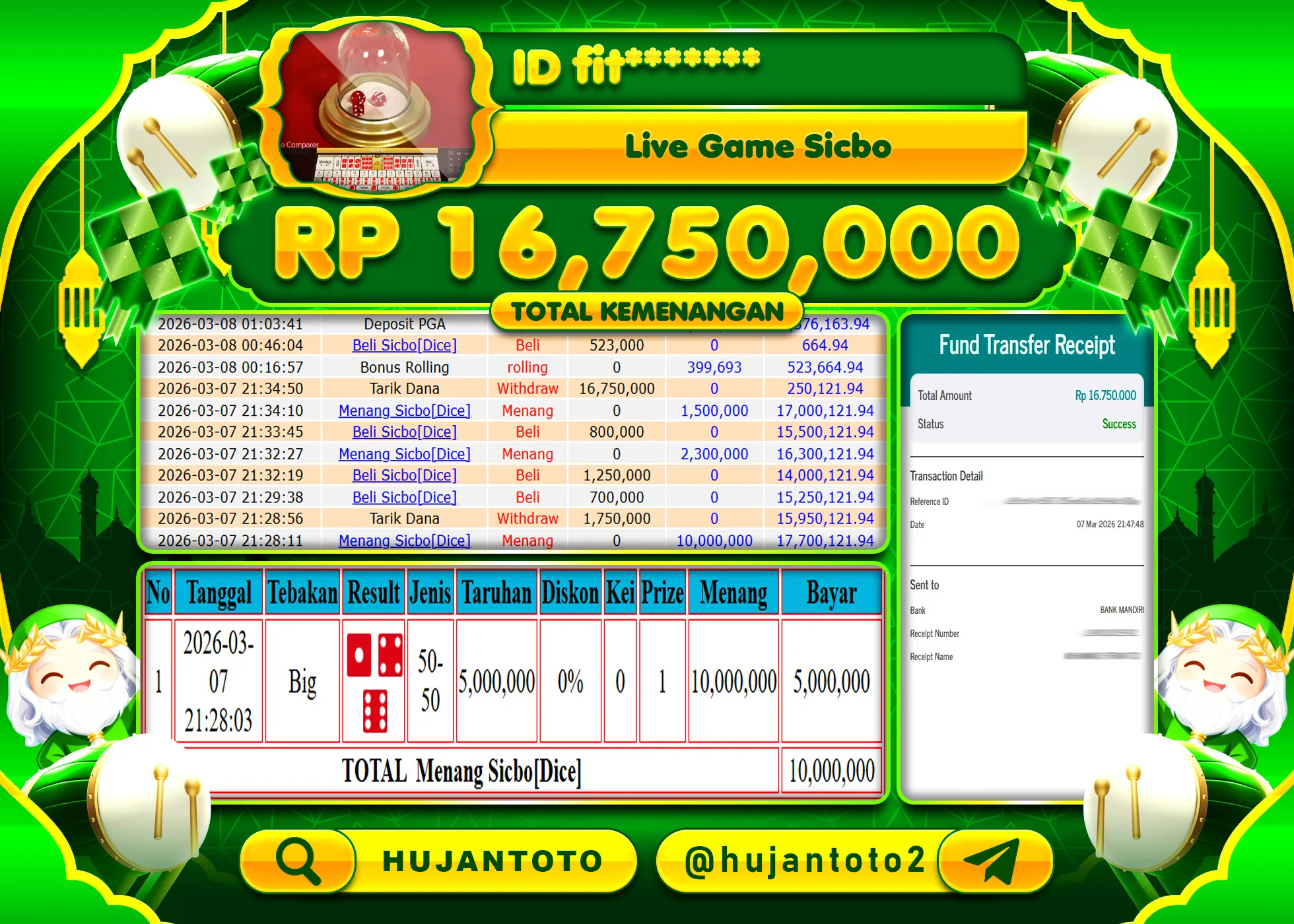 HUJANTOTO - BUKTI JACKPOT MENANG LIVE GAME SICBO DICE Rp.16,750,000 - TERBAYAR LUNAS