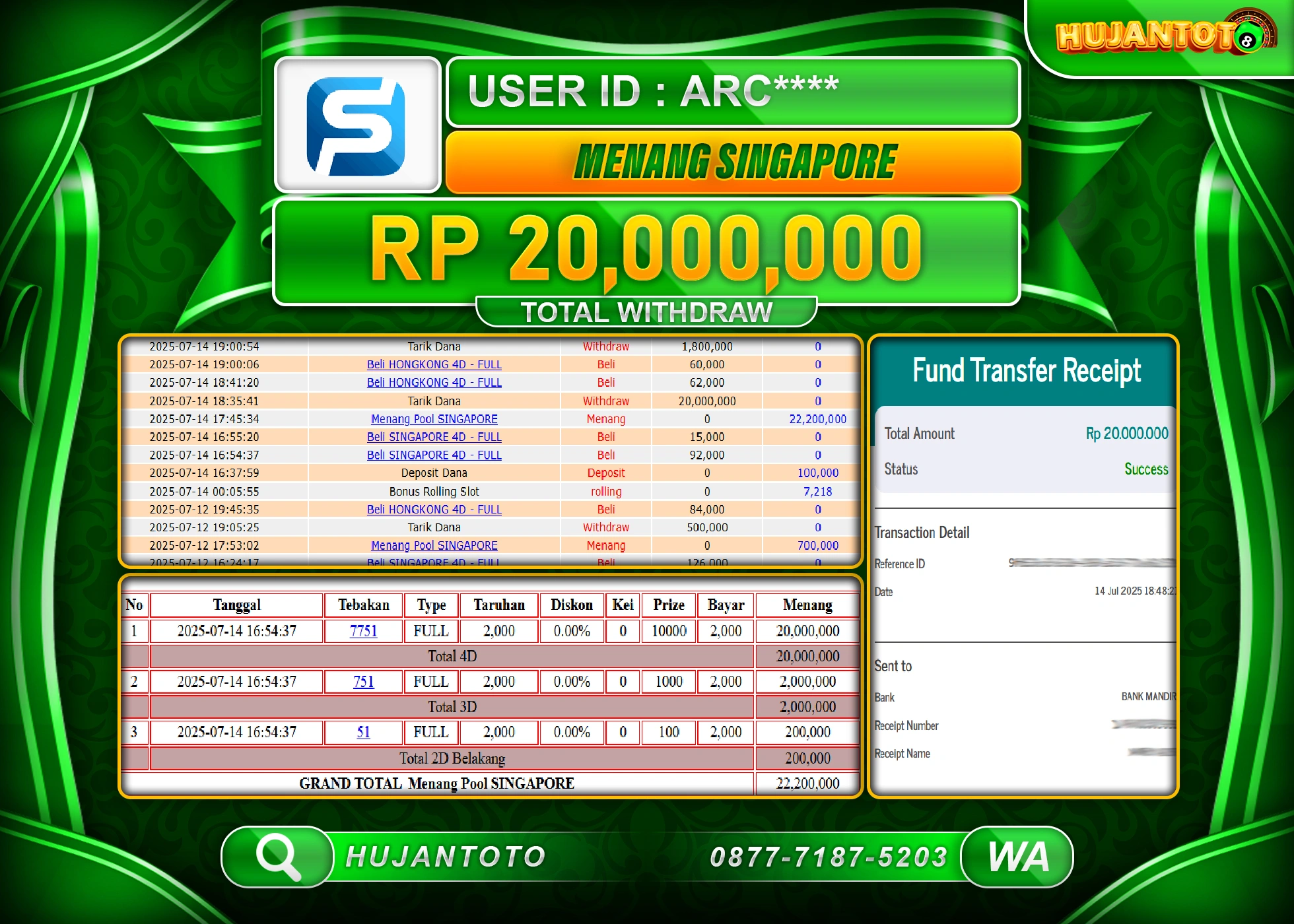 HUJANTOTO - BUKTI JACKPOT MENANG TOGEL SINGAPORE POOLS Rp.20,000,000 - TERBAYAR LUNAS
