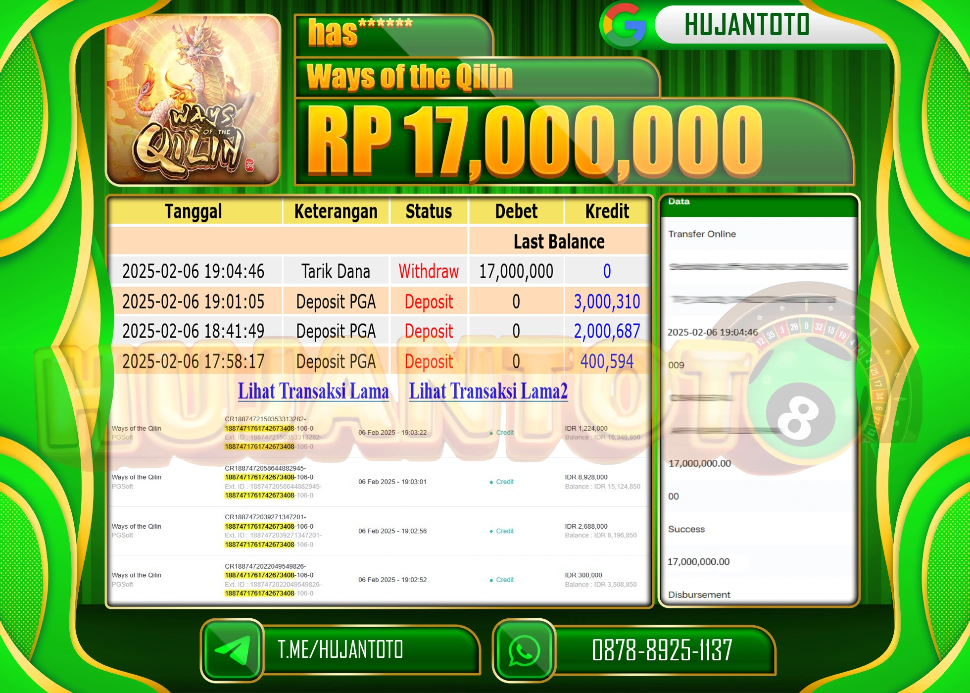 HUJANTOTO - BUKTI JACKPOT MENANG SLOT WAYS OF THE QILIN Rp,17,000,000  - TERBAYAR LUNAS