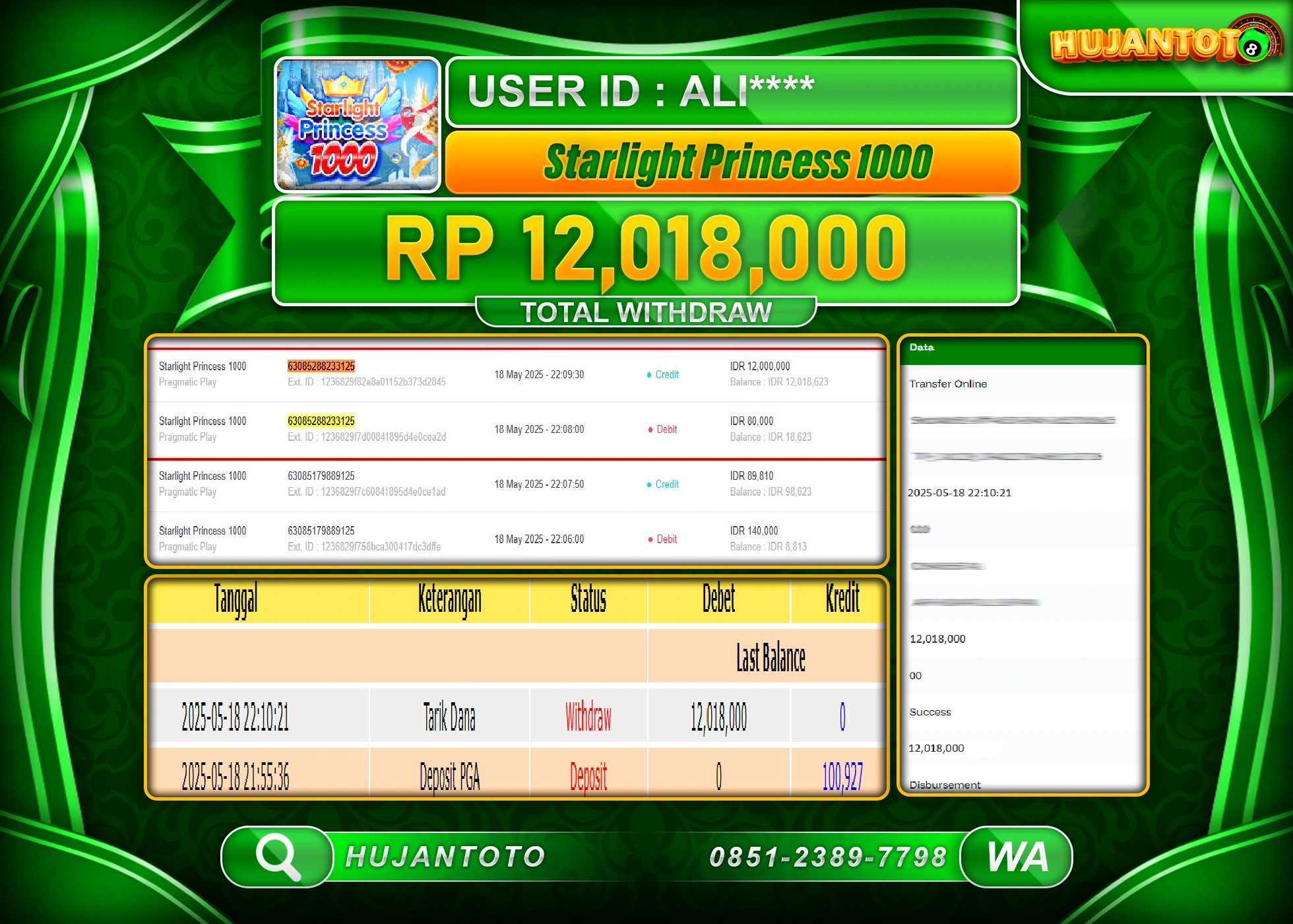 HUJANTOTO - BUKTI JACKPOT MENANG SLOT STARLIGHT PRINCESS 1000 Rp,12,018,000  - TERBAYAR LUNAS