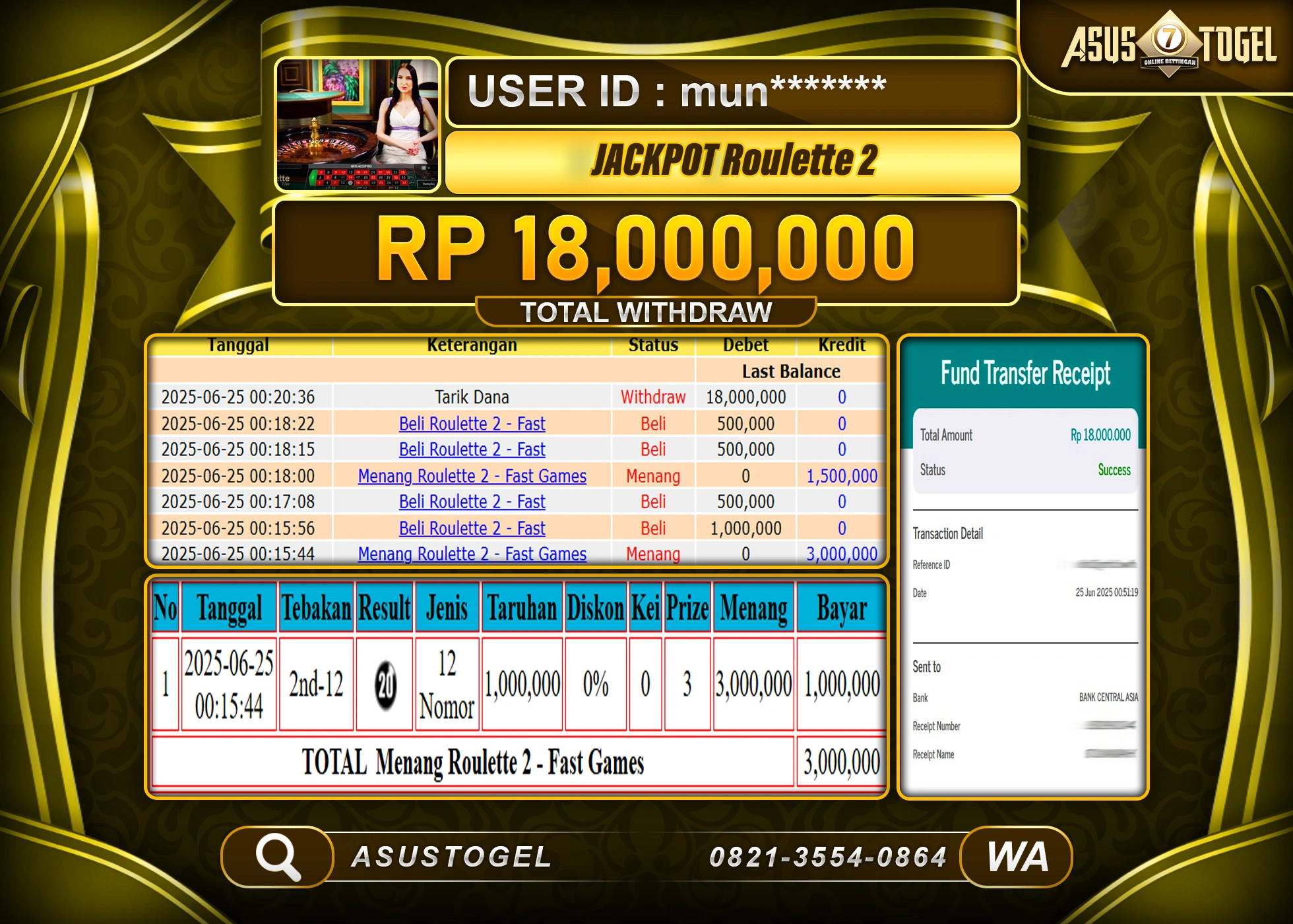 ASUSTOGEL KEMENANGAN DI LIVEGAMES ROULETTE 2 SEBESAR 18,000,000- RUPIAH LUNAS