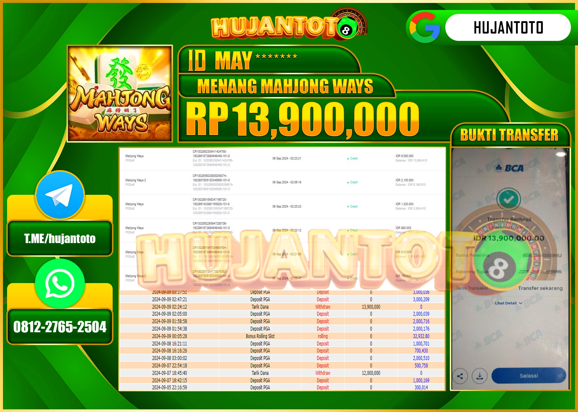 HUJANTOTO MENANG BESAR DI PERMAINAN MAHJONG WAYS (PG SOFT) 13,900,000  - LUNAS 
