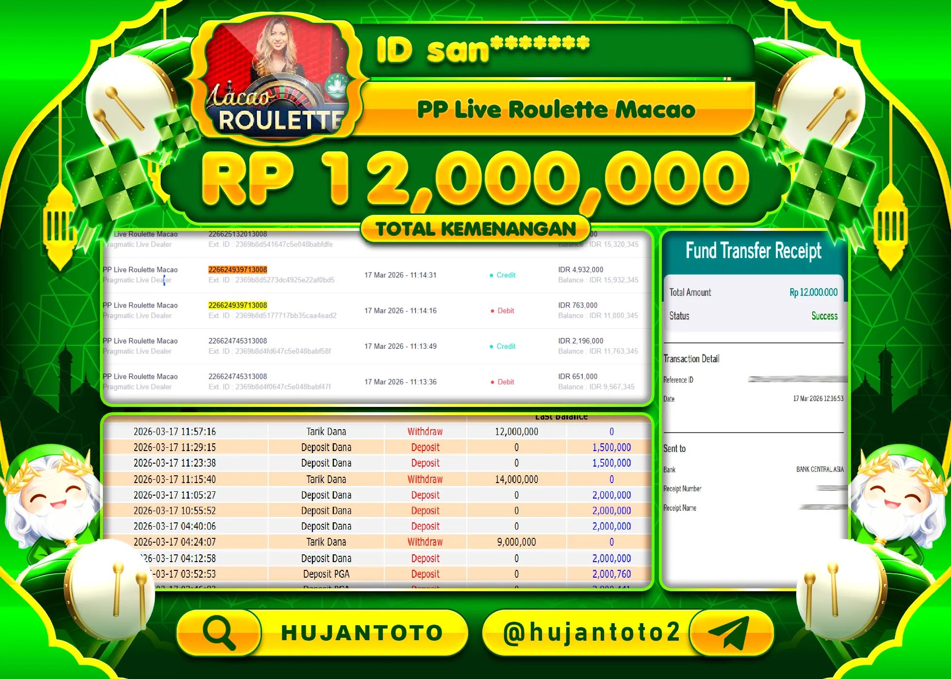 HUJANTOTO - BUKTI JACKPOT MENANG  PP LIVE ROULETTE MACAO Rp.12,000,000 - TERBAYAR LUNAS