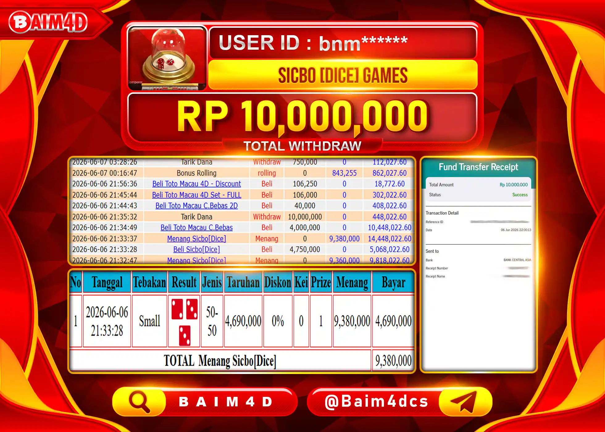 BAIM4D JACKPOT LIVE GAME SICBO {DICE} Rp.10,000,000 - LUNAS