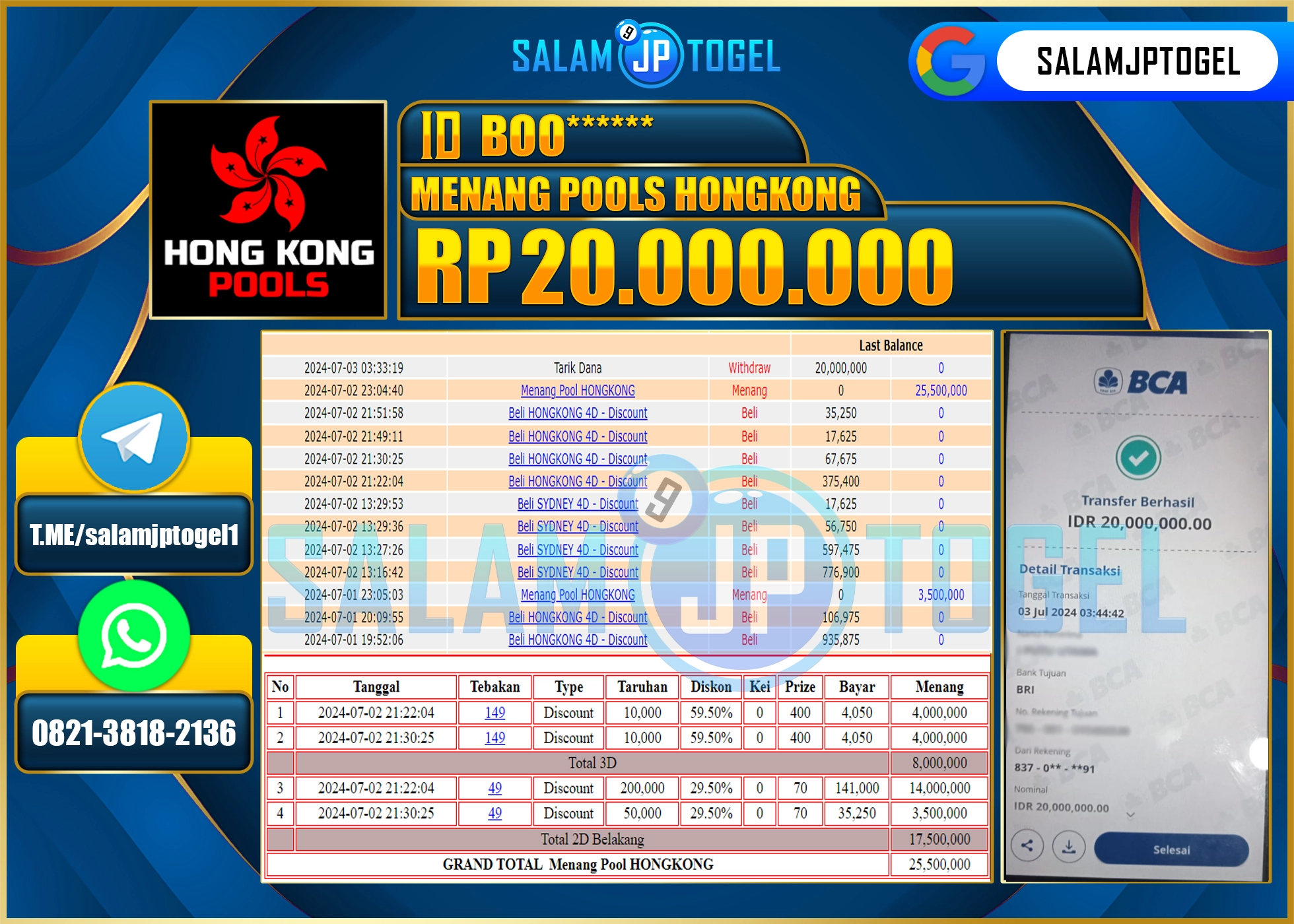 SALAMJPTOGEL MENANG HONGKONG POOLS RP. 20,000,000.,LUNAS