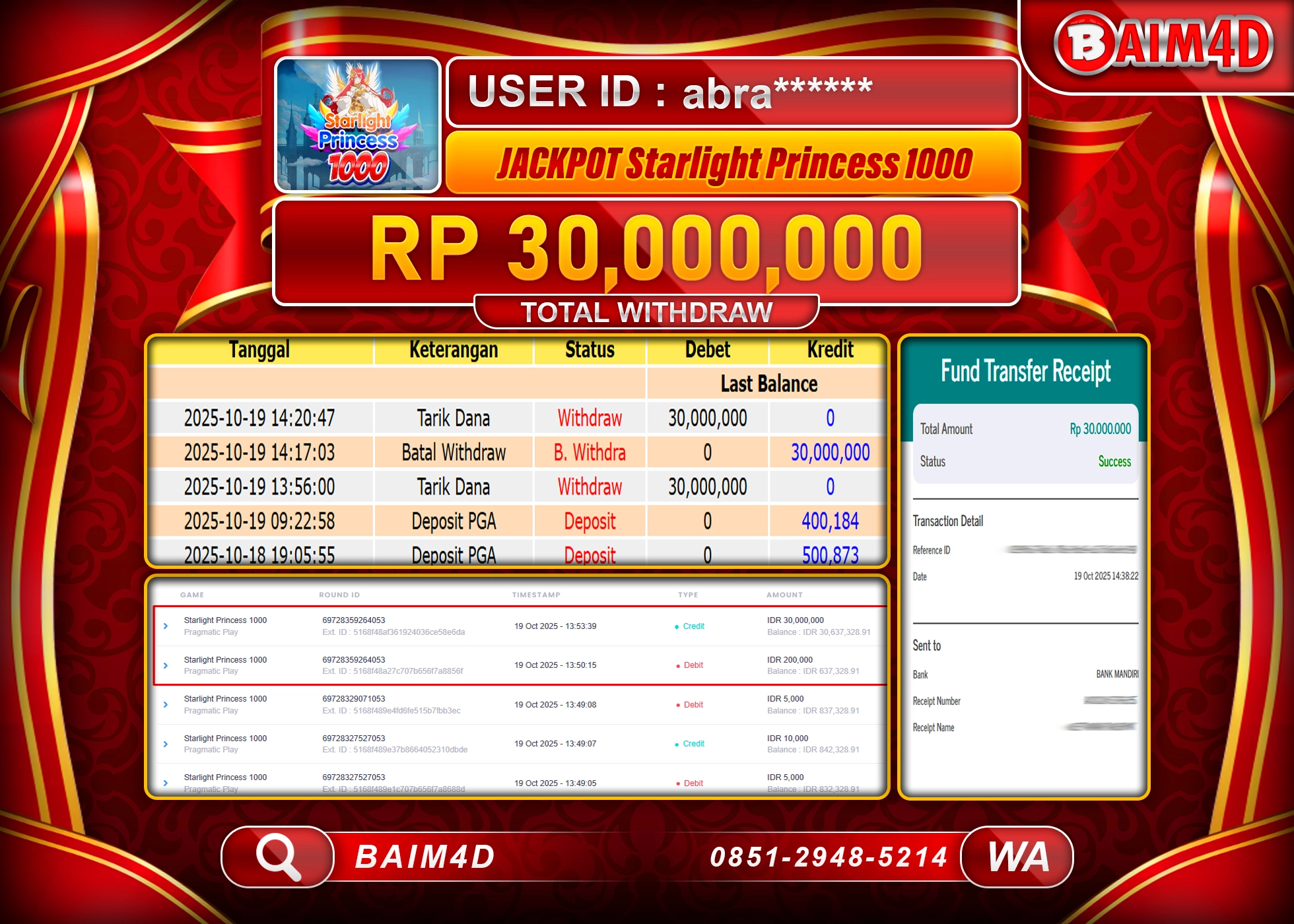 BAIM4D JACKPOT SLOT STARLIGHT PRINCESS 1000 Rp.30,000,000.- LUNAS