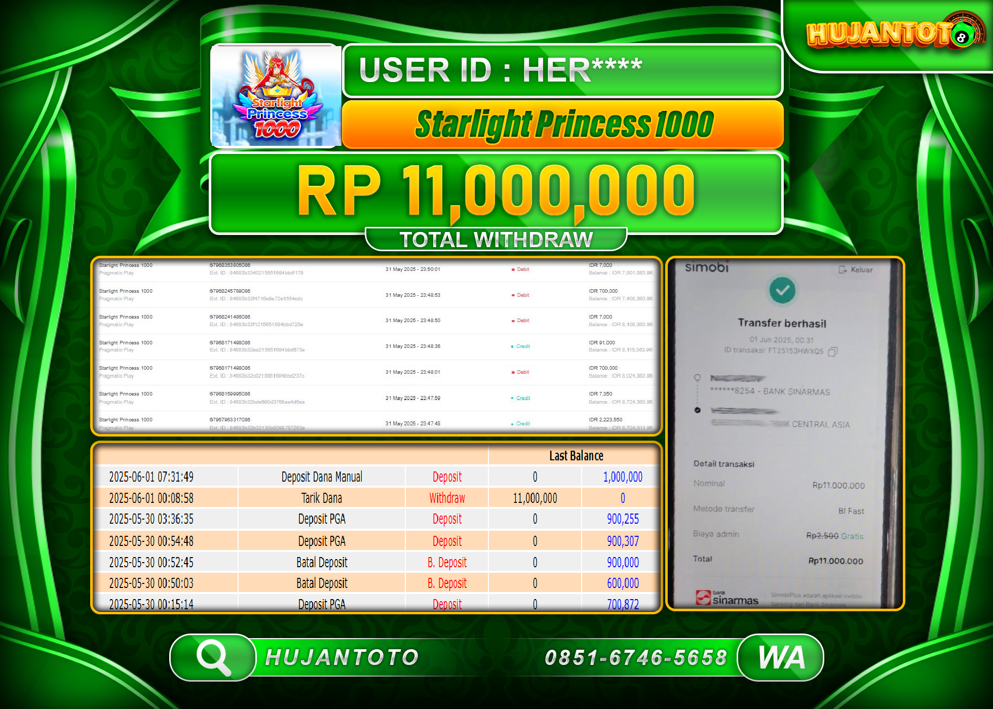  HUJANTOTO - BUKTI JACKPOT MENANG SLOT STAR LIGHT PRINCESS 1000 Rp.11,000,000 - TERBAYAR LUNAS