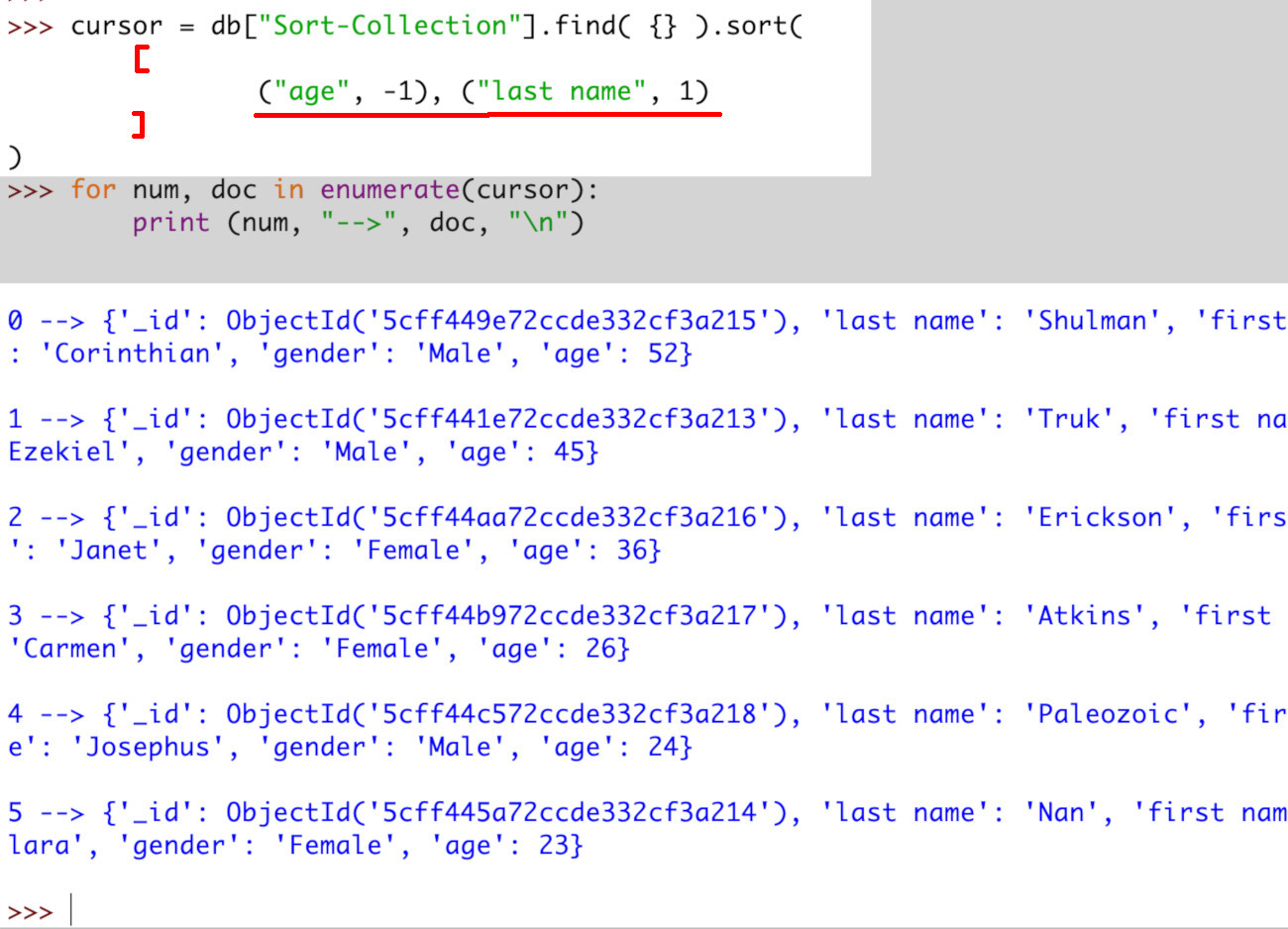 Screenshot nečinnosti pomocí dvou různých parametrů řazení v kolekci MongoDB