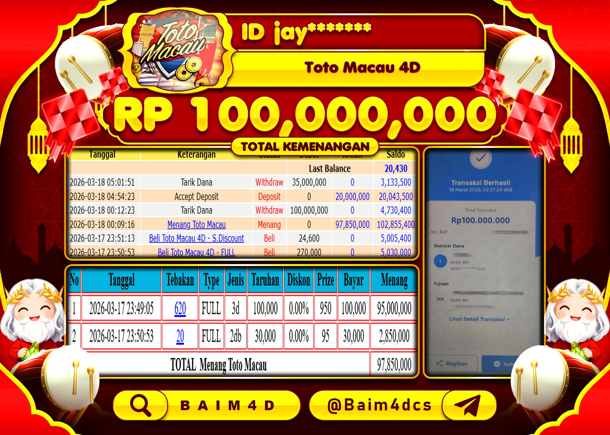 BAIM4D JACKPOT TOGEL TOTO MACAU 4D Rp.100,000,000 - LUNAS