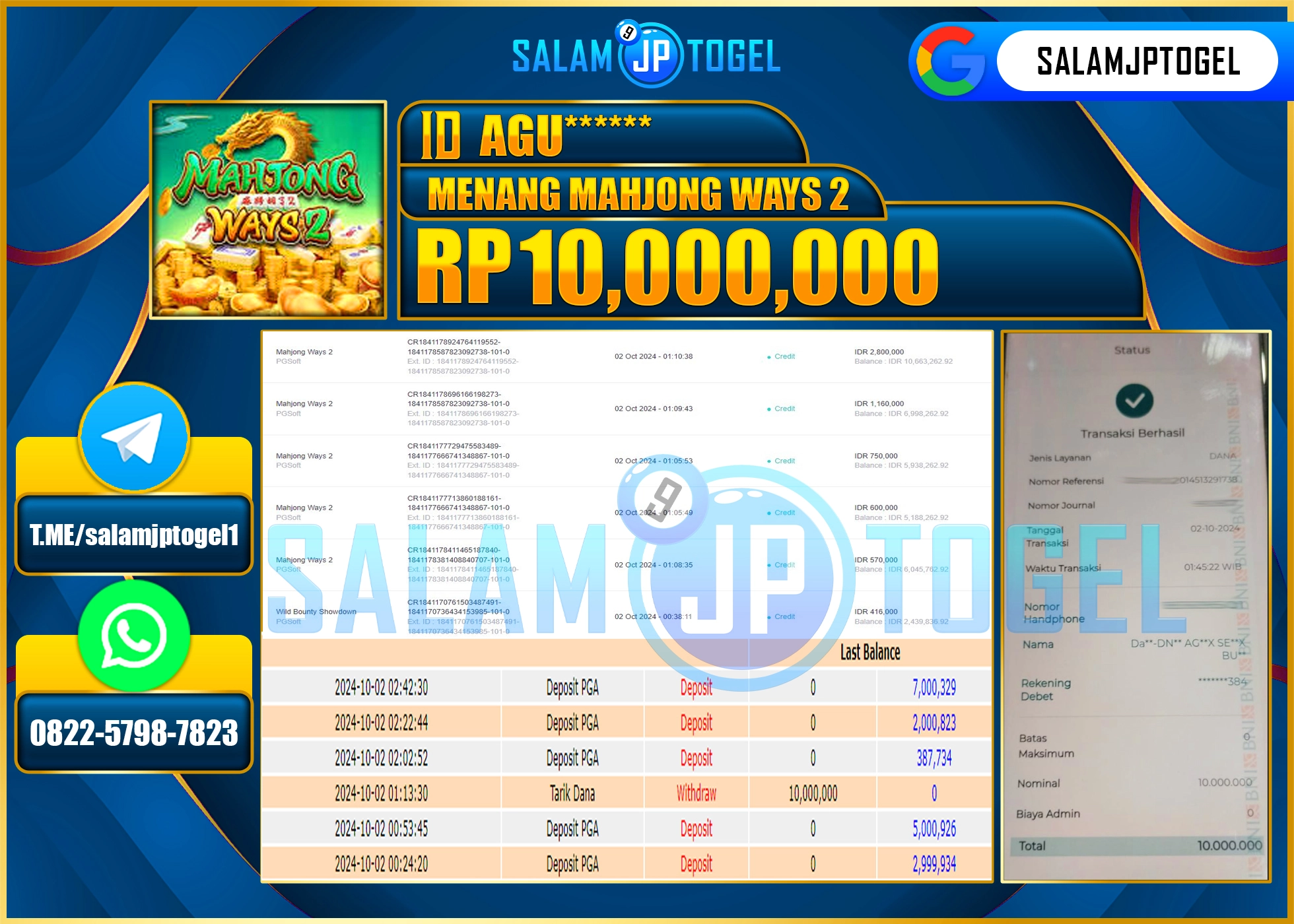 SALAMJPTOGEL MENANG MAHJONG WAYS 2  RP. 10,000,000 LUNAS