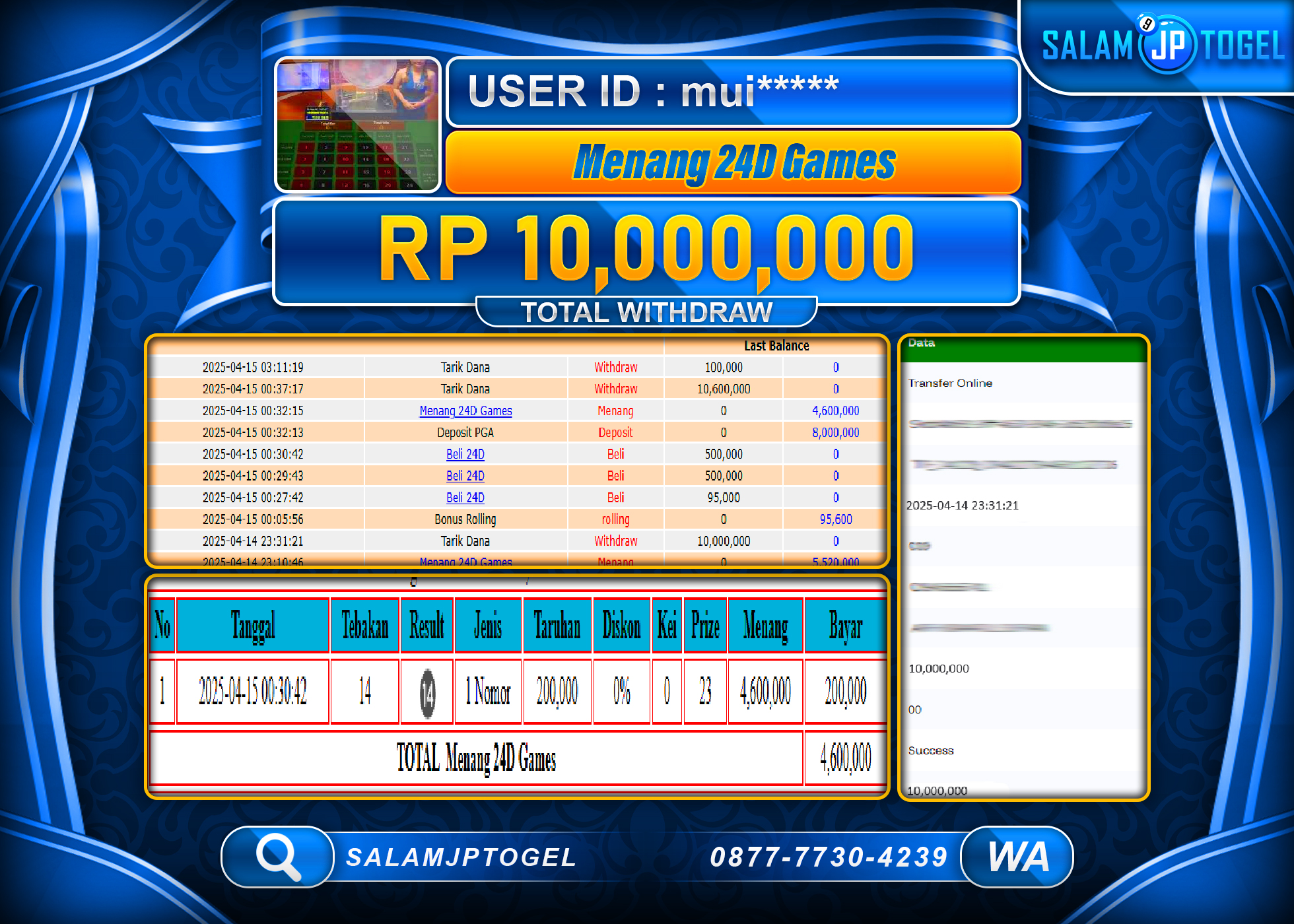 SALAMJPTOGEL MENANG 24D GAMES Rp. 10,000,000 LUNAS