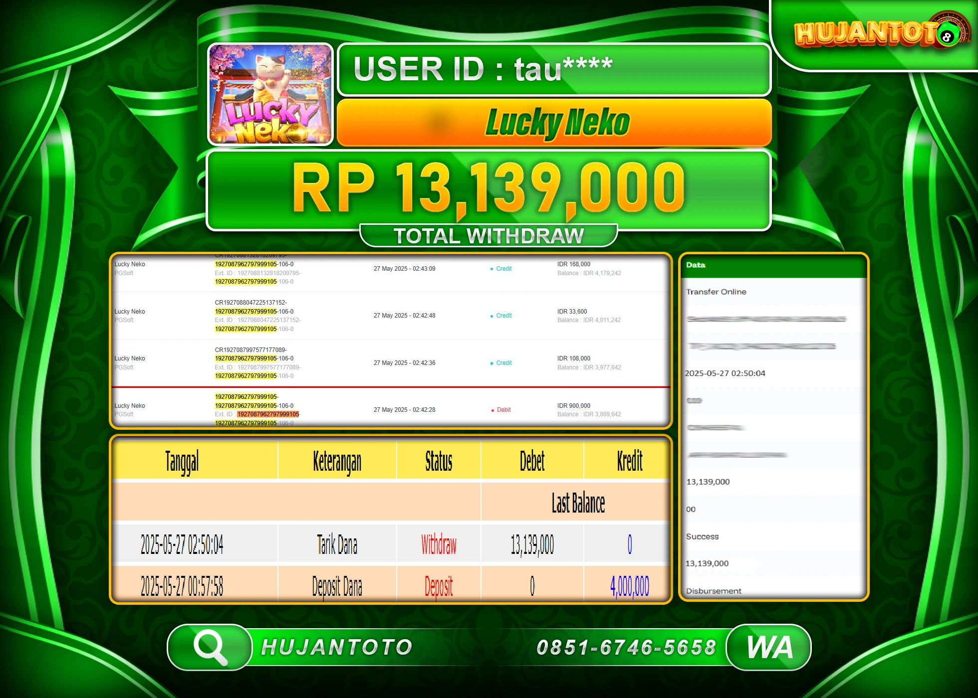 HUJANTOTO - BUKTI JACKPOT MENANG SLOT LUCKY NEKO PG Rp,13,139,000 - TERBAYAR LUNAS