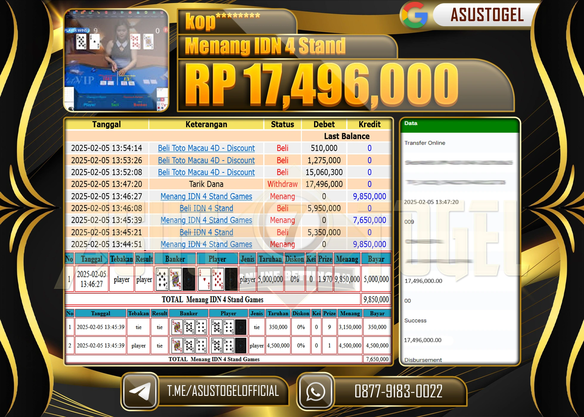 ASUSTOGEL KEMENANGAN DI IDN 4 STAND GAMES  SEBESAR 17,496,000 - RUPIAH LUNAS