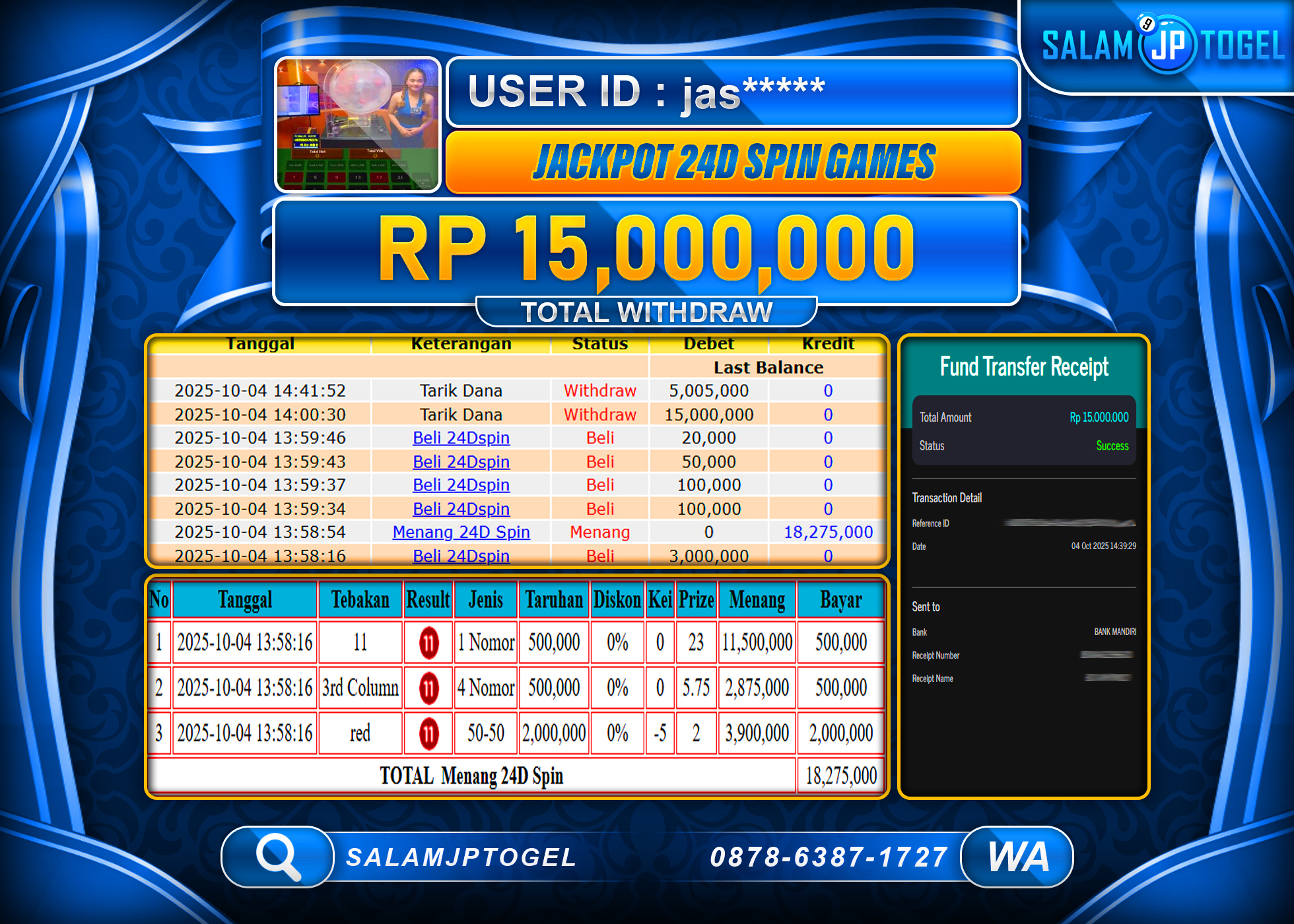 SALAMJPTOGEL MENANG JACKPOT LIVE GAME 24D SPIN RP. 15,000,000, - LUNAS