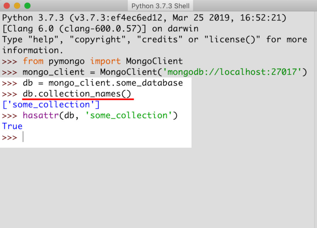 Screenshot of Python IDLE returning collection names for a MongoDB database