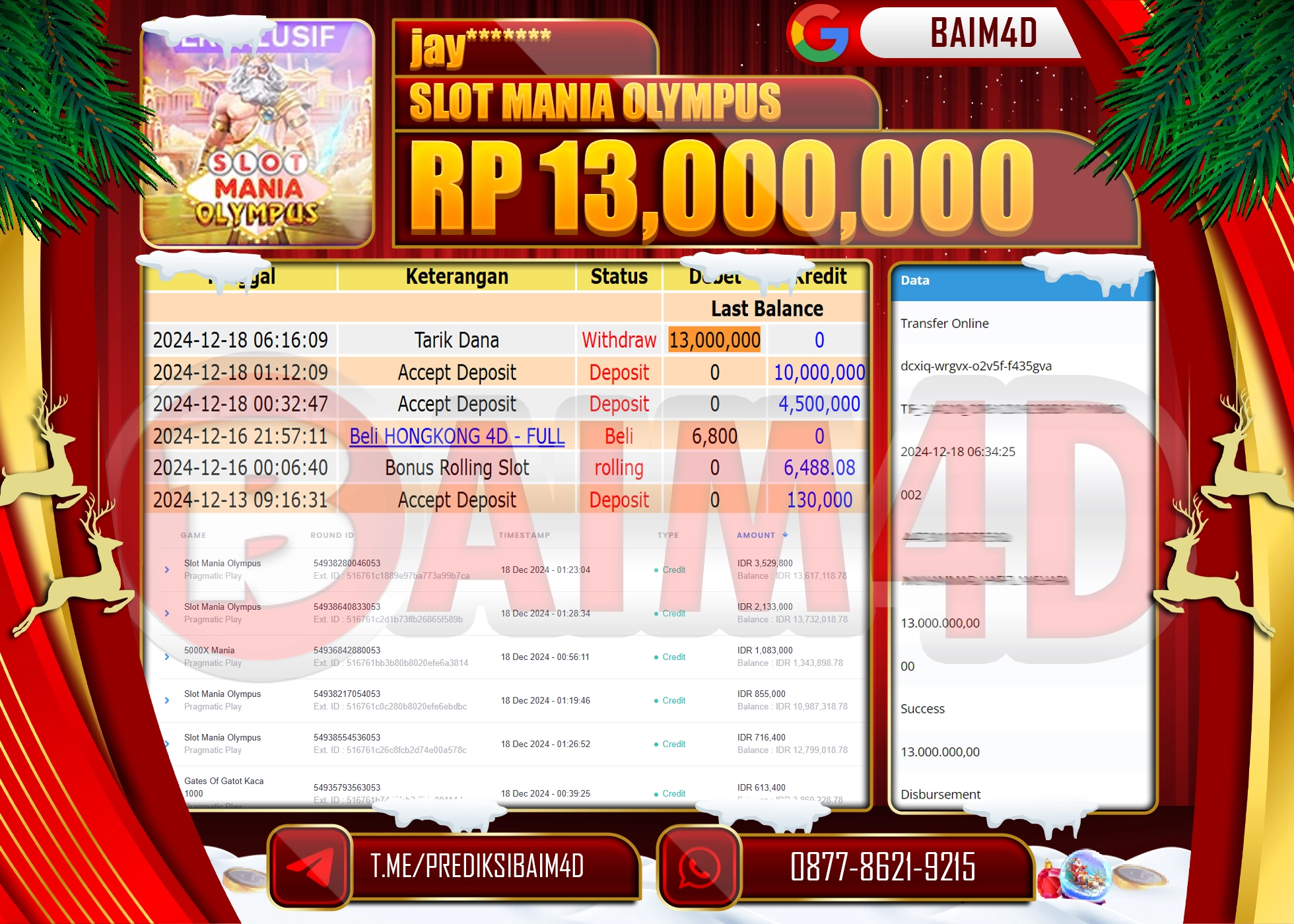 BAIM4D JACKPOT SLOT MANIA OLYMPUS Rp.13.000,000.- LUNAS