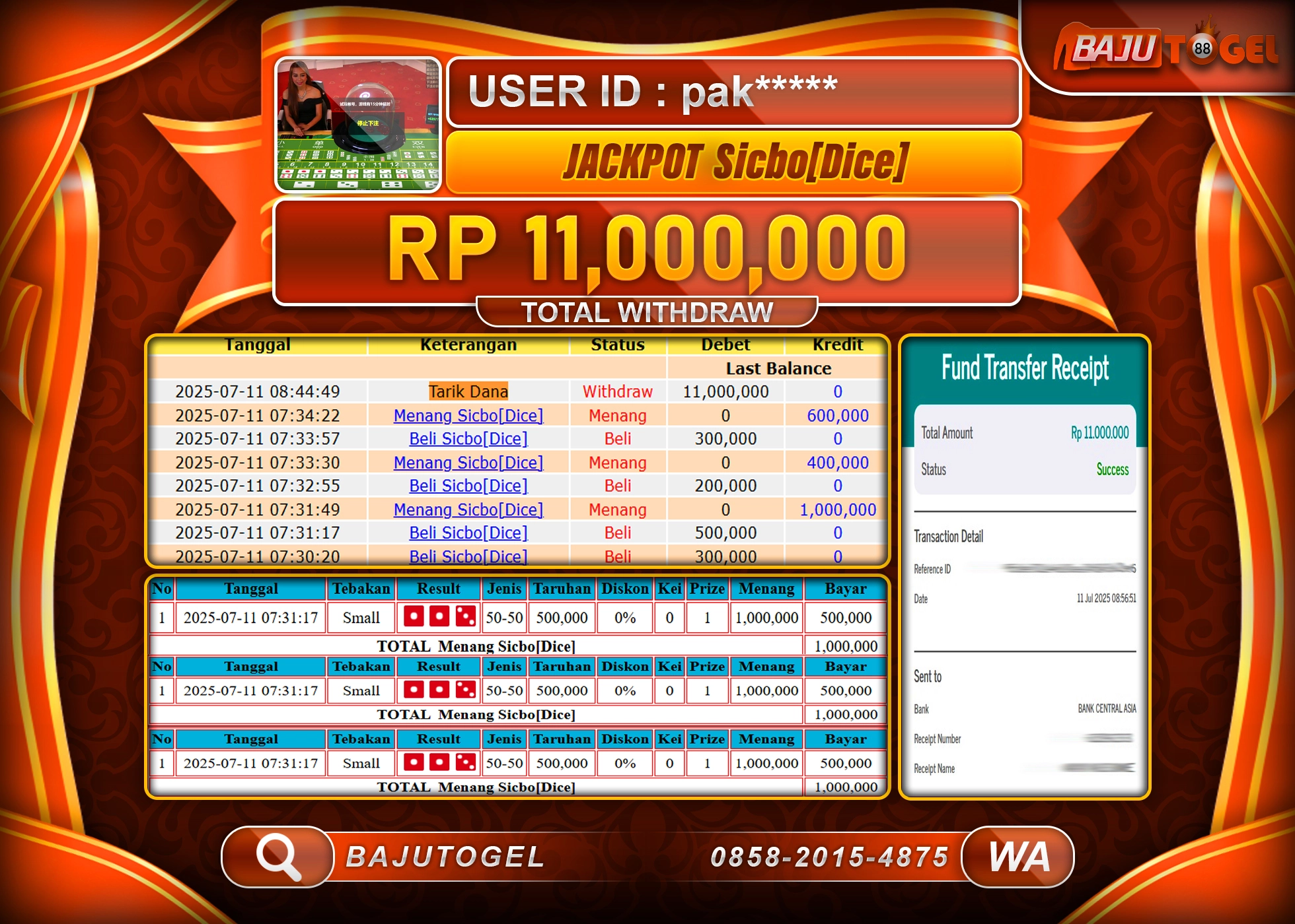  BAJUTOGEL MENANG DI LIVE GAMES SICBO (DICE) Rp.11.000.000 LUNAS