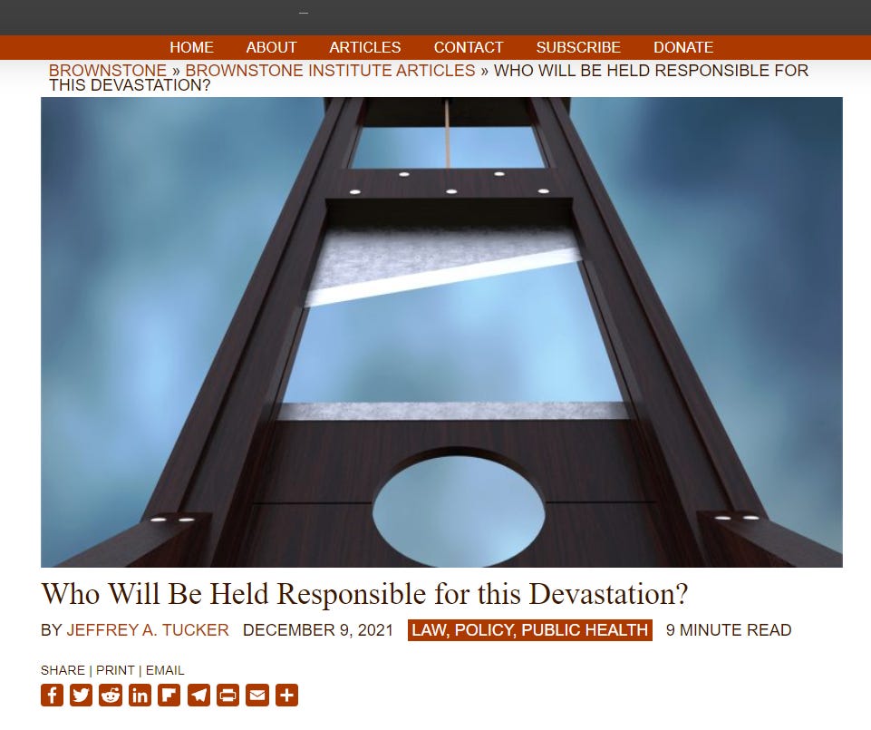 A Brownstone article with a guillotine asked who will be held responsible.