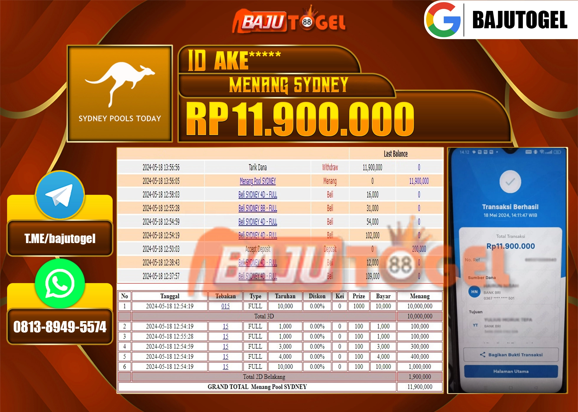 BAJUTOGEL KEMENANGAN PASARAN SYDNEY Rp.11.900.000 LUNAS