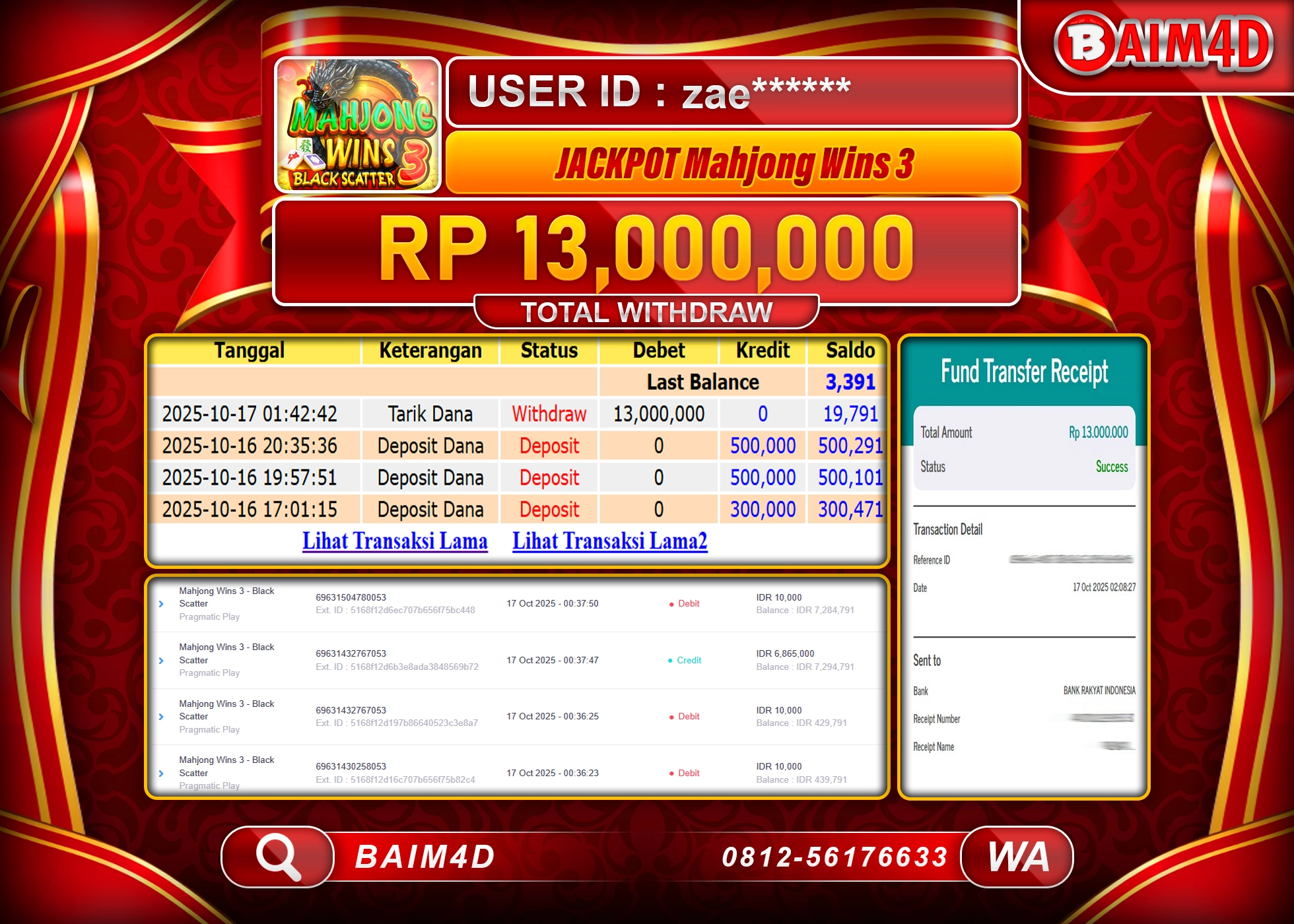 BAIM4D JACKPOT MAHJONG WINS 3 BLACK SCATTER Rp.13,000,000.- LUNAS