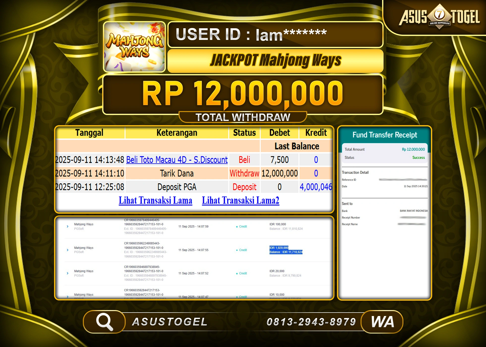 ASUSTOGEL KEMENANGAN DI SLOT MAHJONG WAYS SEBESAR 12,000,000- RUPIAH LUNAS