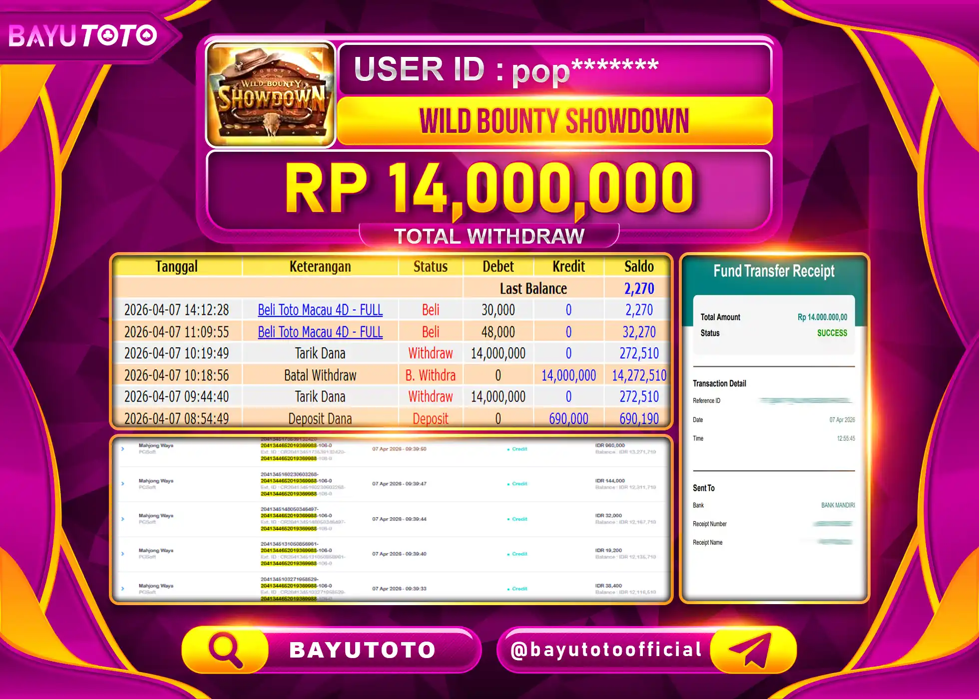 SELAMAT MEMBER BAYUTOTO JACKPOT DI SLOT WILD BOUNTY SHOWDOWN Rp. 14,000,000 LUNAS