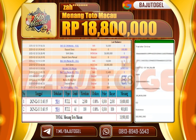 BAJUTOGEL KEMENANGAN TOTO MACAU Rp.18.800.000 LUNAS