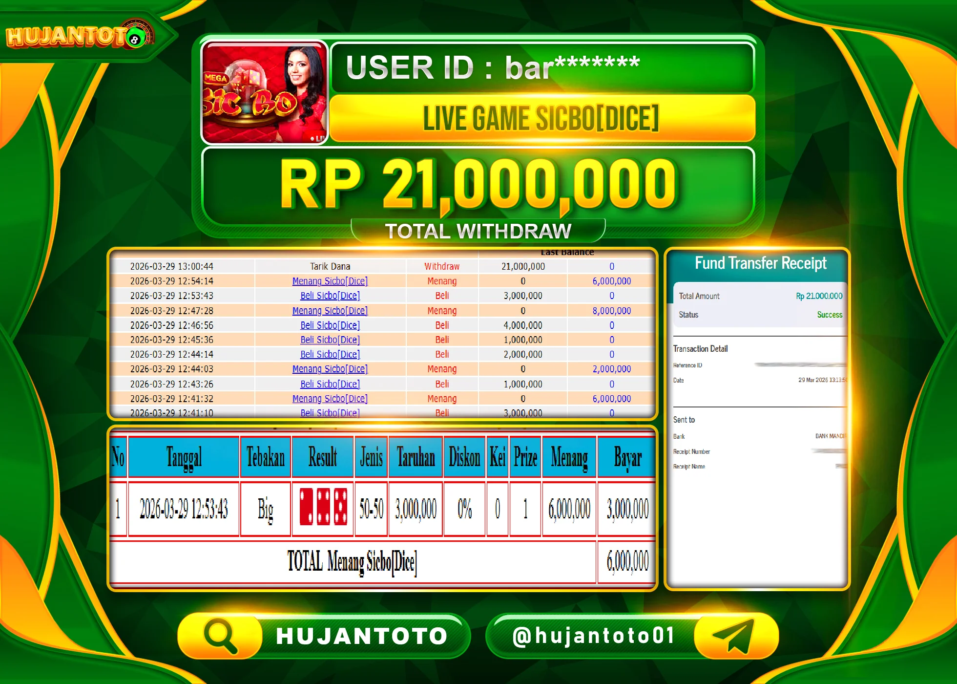 HUJANTOTO - BUKTI JACKPOT MENANG LIVEGAMES SICBO DICE Rp.21,000,000 - TERBAYAR LUNAS