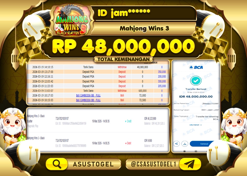 ASUSTOGEL KEMENANGAN DI SLOT MAHJONG WINS 3 PRAGMATIC PLAY Rp.48,000,000 - RUPIAH LUNAS