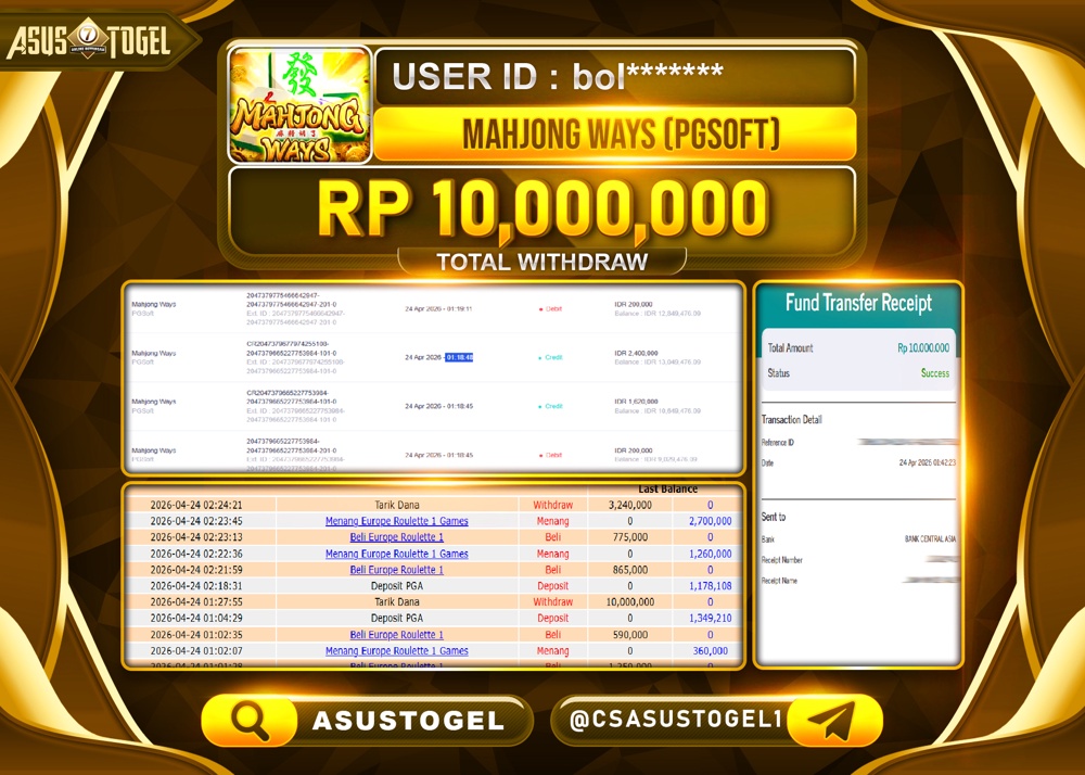 ASUSTOGEL KEMENANGAN JACKPOT DI PERMAINAN MAHJONG WAYS PG SOFT SEBESAR Rp.10,000,000 - RUPIAH LUNAS