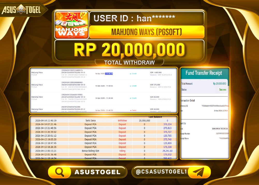 ASUSTOGEL KEMENANGAN JACKPOT DI PERMAINAN MAHJONG WAYS PG SOFT  SEBESAR Rp.20,000,000 - RUPIAH LUNAS
