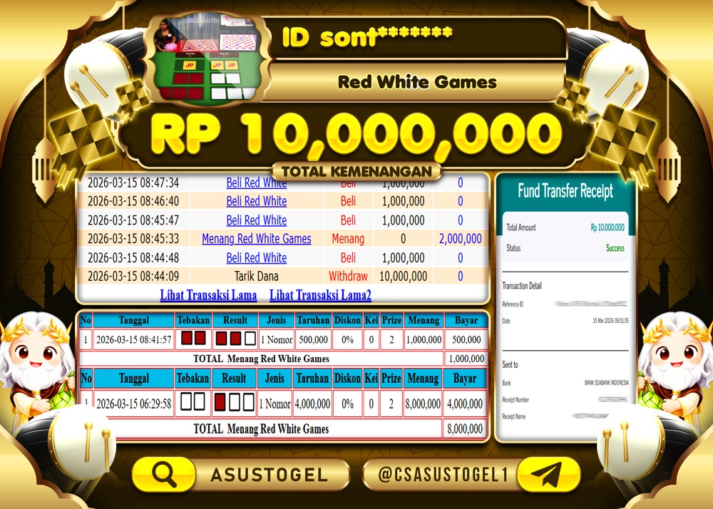 ASUSTOGEL KEMENANGAN DI RED WHITE GAMES IDN LIVE GAMES 10,000,000 - RUPIAH LUNAS