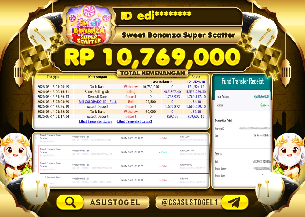 ASUSTOGEL KEMENANGAN DI SWEET BONANZA SUPER SCATTER 10,769,000 - RUPIAH LUNAS
